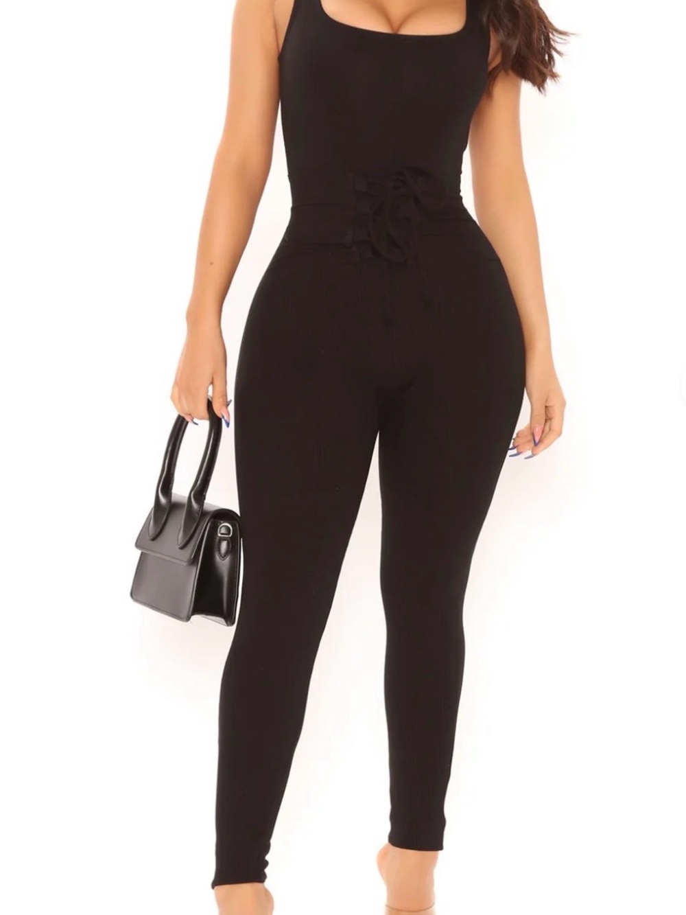 Black Ribbed Lace-Up Jumpsuit. Size Large